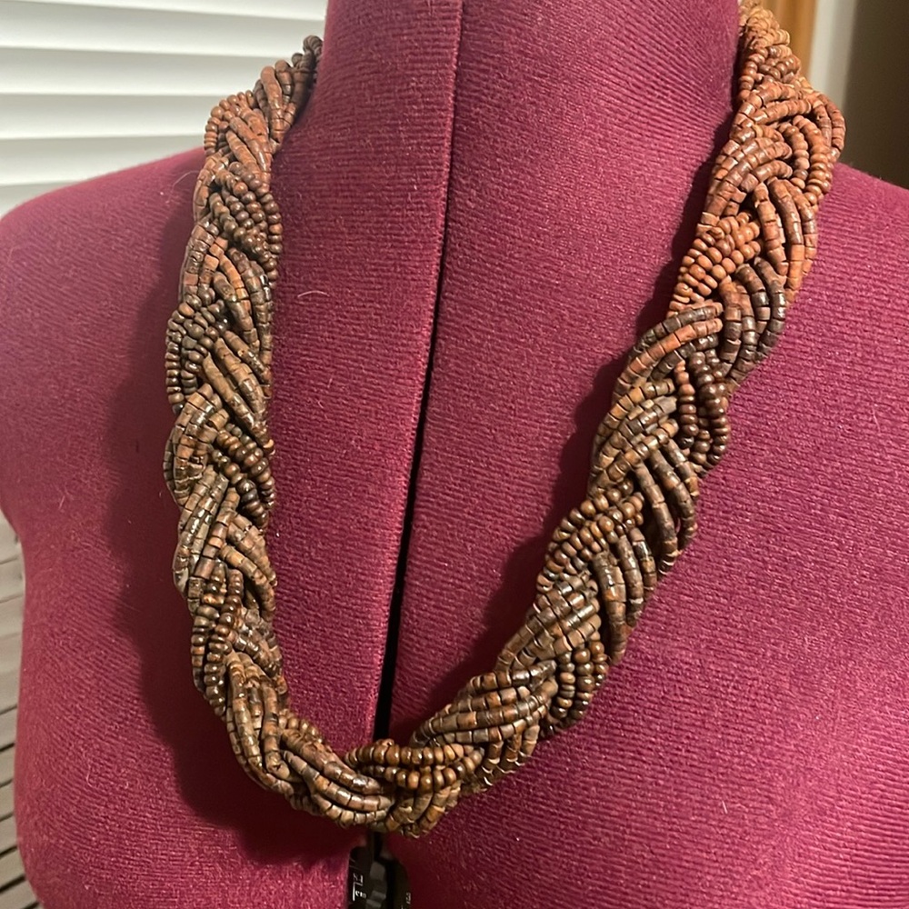 Brown ombré wood beaded braid necklace